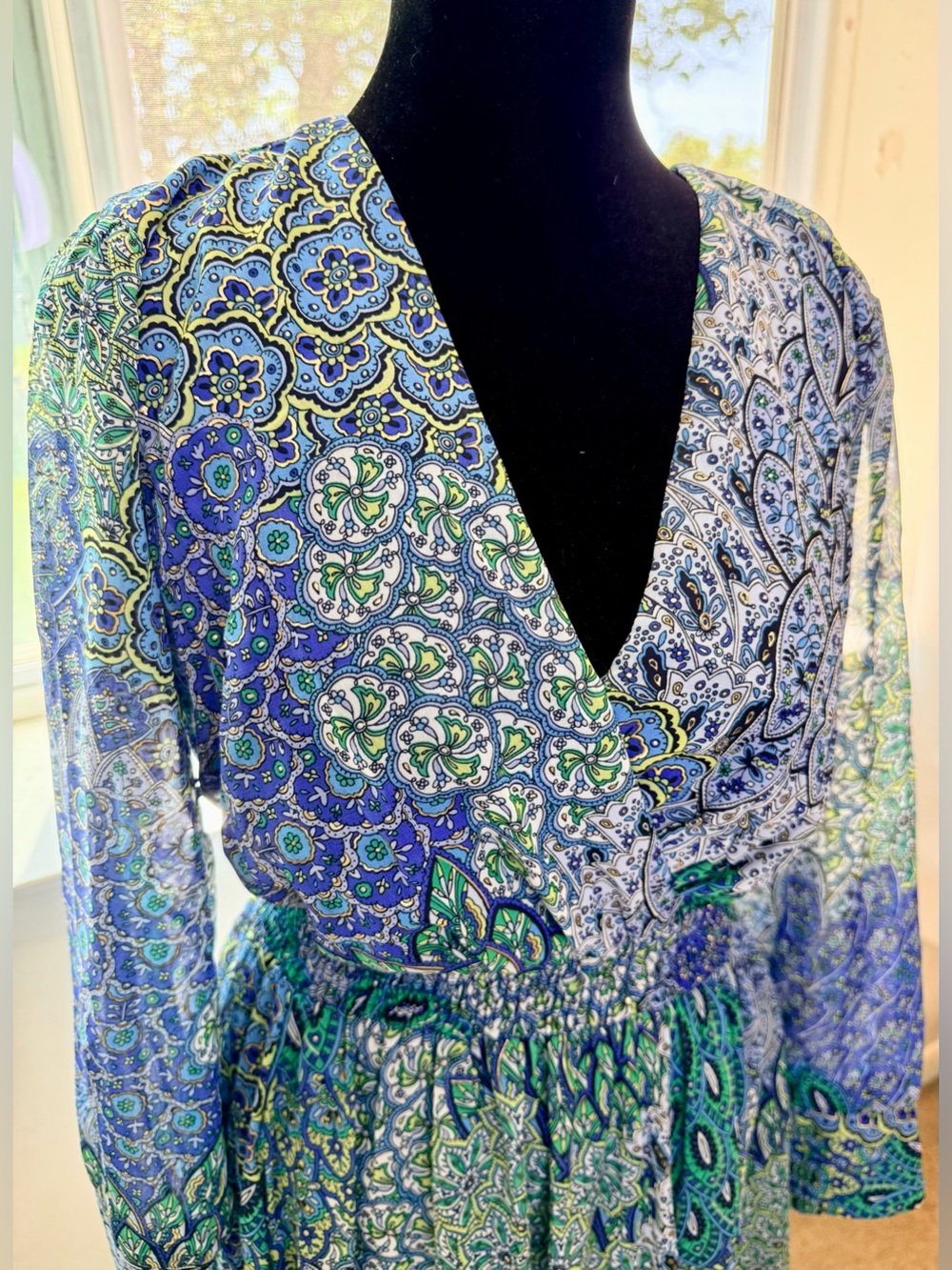Alexa B Nite maxi blue green paisley dress resort chic party petite size 6 - Picture 4 of 12